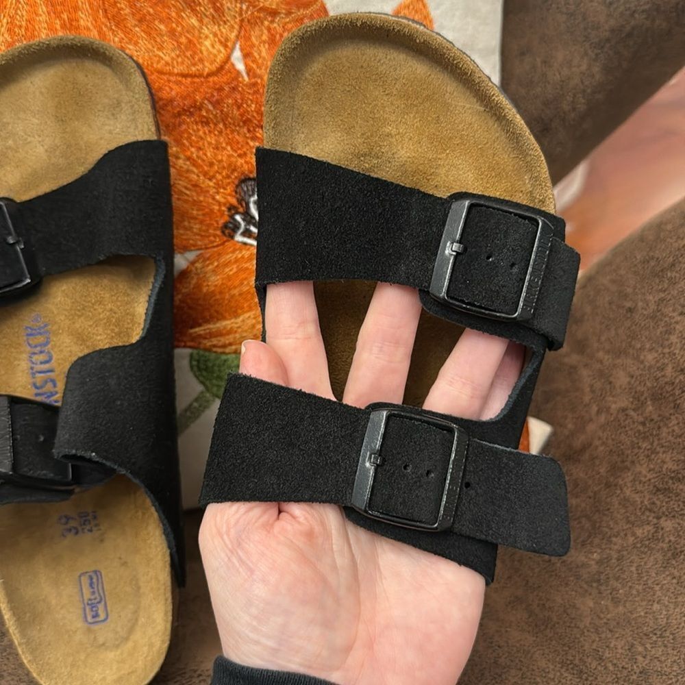 BIRKENSTOCK ARIZONA SOFT FOOTBED BLACK SUEDE CORK DOUBLE BUCKLE 39 REGULAR M6 L8 - Picture 7 of 15
